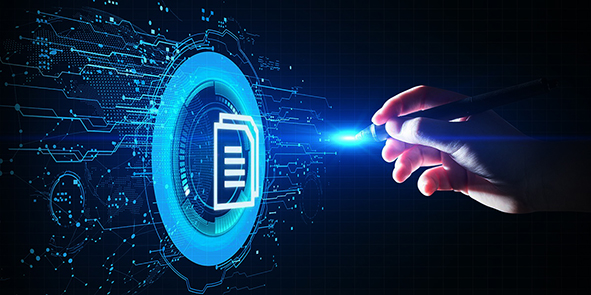 A hand engaged in writing on a modern digital interface, illustrating the interaction with a futuristic document.