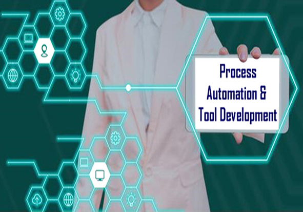 A business professional holds a sign that reads ''Process Automation & Tool Development.'' The background features a design with interconnected hexagonal icons representing various technology concepts, such as internet, tools, and computers.