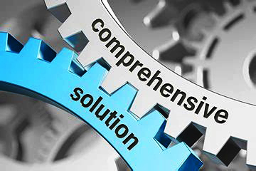 Blue gears overlap, displaying the words ''comprehensive'' and ''solution'' to convey teamwork and problem-solving.