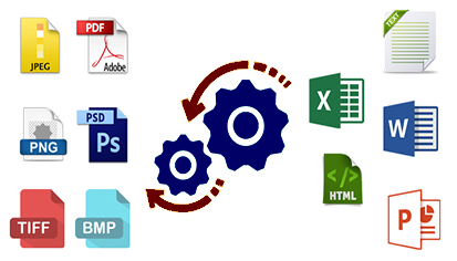 An illustration showing various file format icons, including JPEG, PNG, PDF, PSD, TIFF, BMP as source formats and Excel, Word, PowerPoint, HTML as destination formats, arranged around two interlocking gears that indicates the concept of file conversion between different formats.