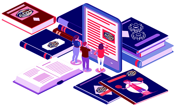 Three individuals are reading an eBook in a large tablet/palm device, the surrounding has stacks of books create an educational atmosphere. The scene conveys a blend of technology and learning with ebooks.