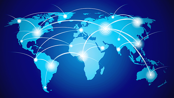 An illustrated world map featuring extensive connections, highlighting the global links and interactions among diverse locations.