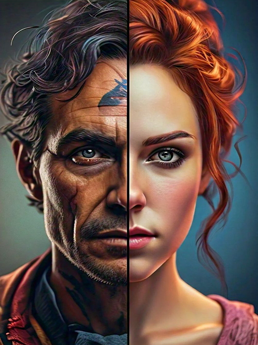 A digital artwork features a split portrait. The left side depicts an older man with a rugged appearance, while the right side shows a young woman with red hair, both facing forward.