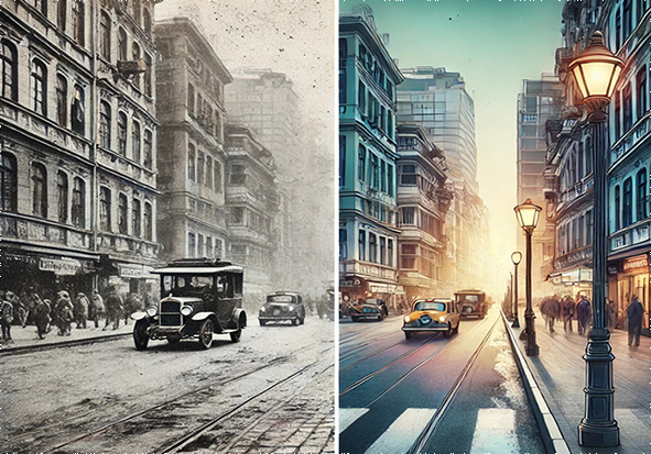 A side-by-side comparison of an old and new image illustrating colour correction and vectorization improvements. The left side shows a faded, black-and-white photo of a city street with muted tones, some blur, and rough textures. The right side showcases the same city street after restoration, featuring vibrant colours, sharper details, and smooth lines in a clean, vectorized style. The scene includes buildings, street lamps, and pedestrians, with noticeable improvements in clarity and visual appeal on the new side.
