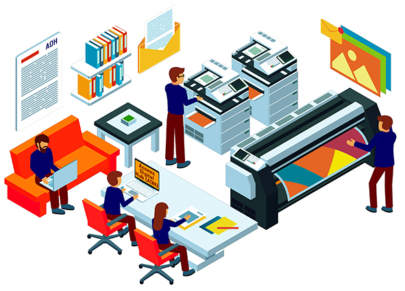 The composition features a bright, modern office environment depicts several individuals engaged in various tasks of Typesetting and PrePress activities. On the left, a person sits on an orange couch with a laptop. At a nearby table, two individuals work on computers, one taking notes. In the background, a man interacts with multiple printers, while another person operates a large-format printer. Shelves filled with books and a bulletin board with images are also visible, creating a collaborative workspace atmosphere.