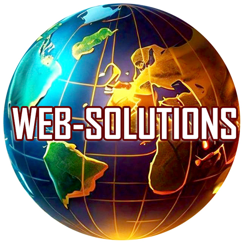 The image features a vibrant, illuminated globe showing continents in contrasting colours. The text ''WEB-SOLUTIONS'' is prominently overlaid in bold letters.